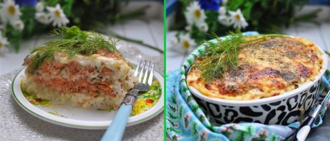 Запеканка из лосося с рисом под бешамелем и сыром