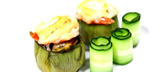 Артишоки, фаршированные мидиями и креветками, под шапкой из козьего сыра