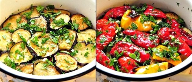 Закуска из маринованных баклажанов и перцев гриль