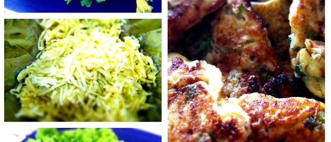 Оладьи из цукини с зеленым салатом, рукколой и базиликом