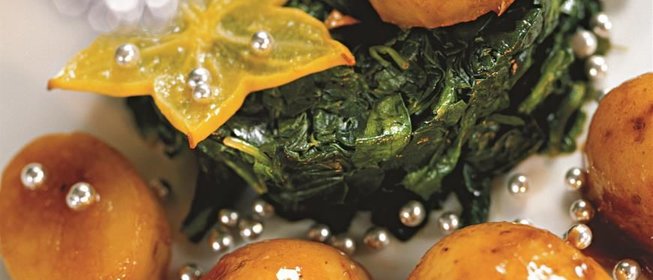Датский глазированный картофель со шпинатом