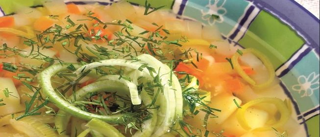 Рассольник постный с луком-пореем