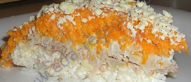 Салат Мимоза с сайрой и рисом