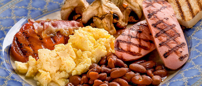 Английский завтрак (яйца, сосиски, грибы, фасоль, помидоры, тосты и чай с молоком)