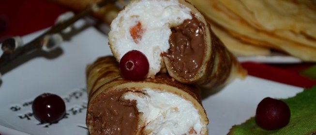 Блины на минеральной воде с двойной начинкой - творог+шоколад