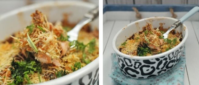 Сырная запеканка с лососем под хлебной крошкой