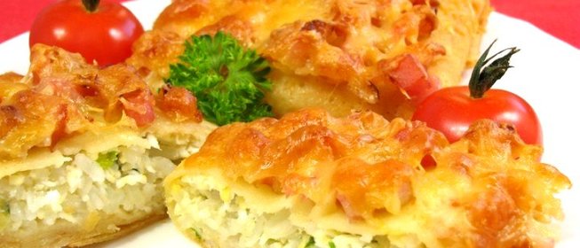 Фаршированные блины, запеченные с ветчиной и сыром