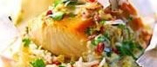 Запеканка с рисом и треской под кокосовым соусом