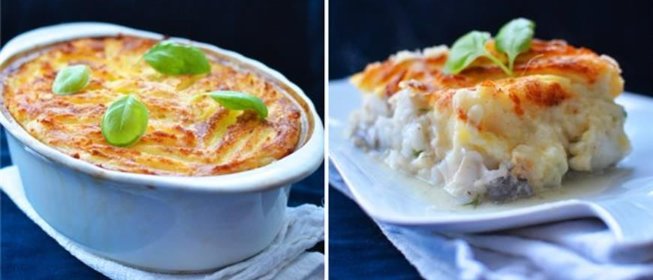 Запеканка из рыбы под молочным соусом и картофельной шубой