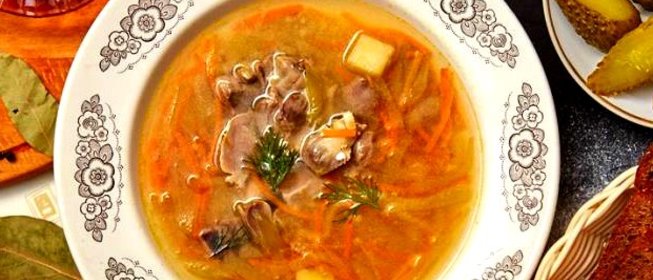 Рассольник с куриными сердечками