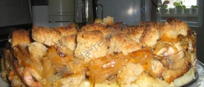 Постная запеканка с креветками, грибами