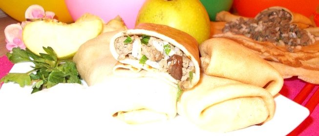 Блинчики с мясом белыми грибами и рисом