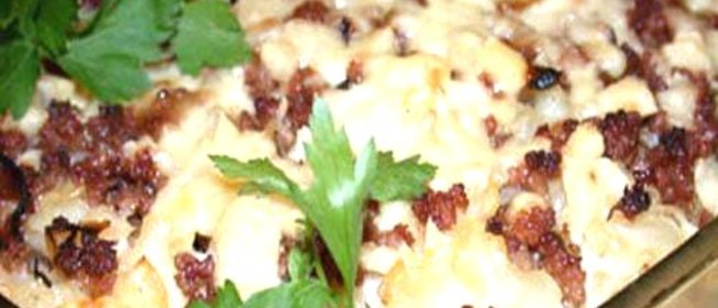 Запеканка из макарон c мясным фаршем и овощами